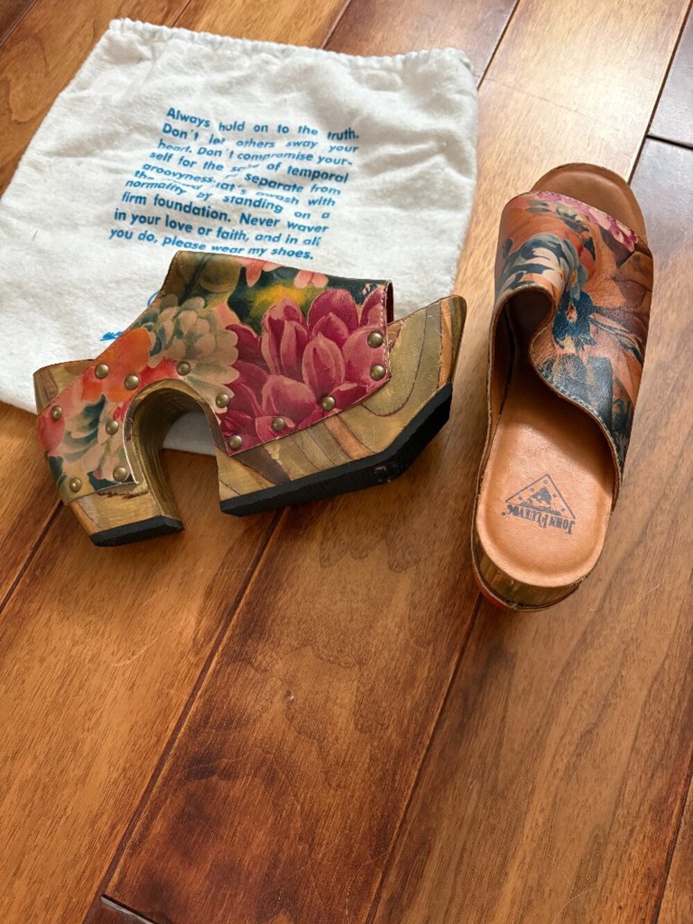 John Fluevog Amazon Floral Wood Platform Mules Size 9